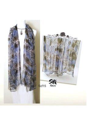 100% Silk Rectangle Long Scarf Sheer Blue Brown Floral Print Soft Lightweight